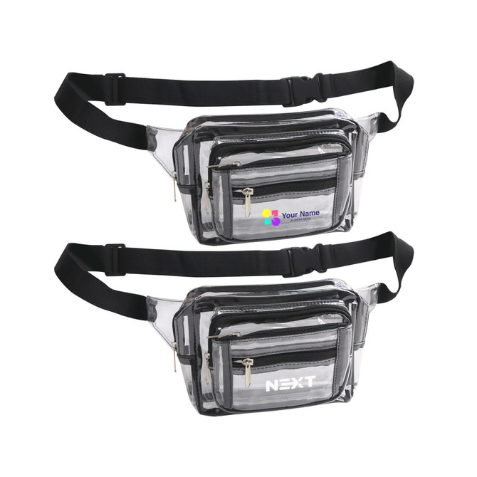 A transparent multi-layer waist bag with black accents and multiple zippered compartments. It features a logo.