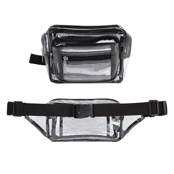 A multi-layer transparent waist bag in clear material with black accents and multiple zippered pockets.