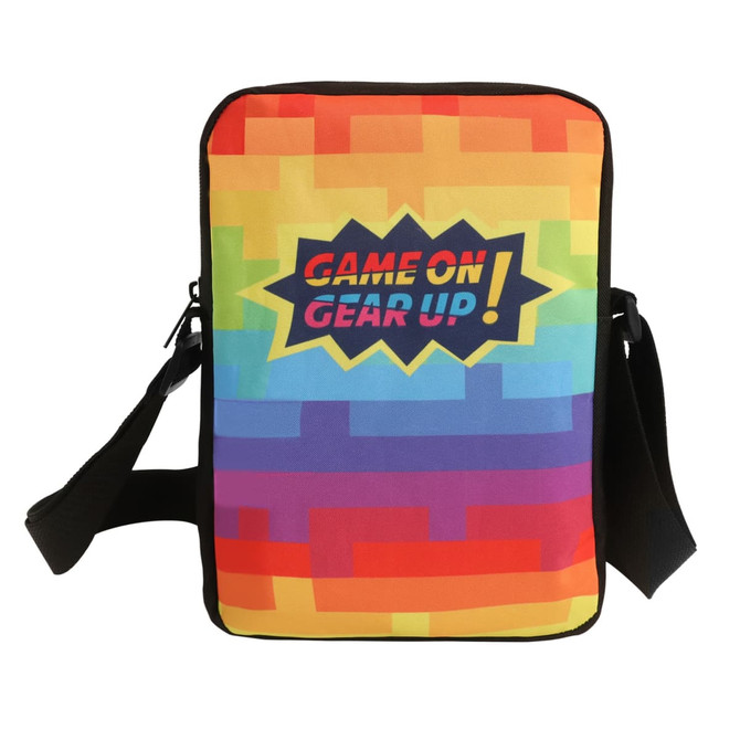 A vibrant, multi-coloured cross body bag with a black strap and a logo on the front.