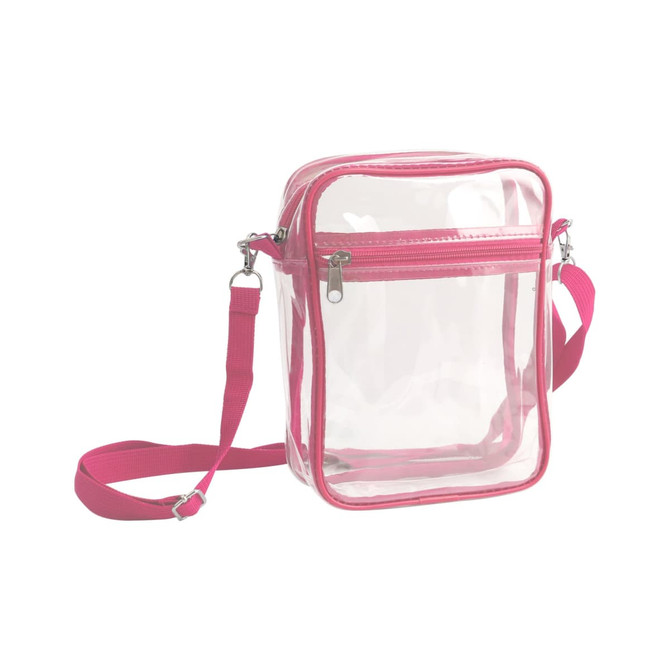 A clear tote bag with a zipper closure and pink trim, featuring an adjustable pink crossbody strap. A clear tote bag with a zipper closure and pink trim, featuring an adjustable pink crossbody strap.