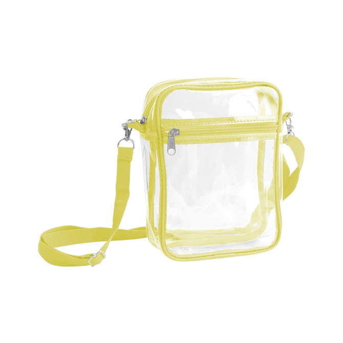 A clear tote bag with a zipper closure, featuring a yellow strap and trim. It has a transparent main compartment. A clear tote bag with a zipper closure, featuring a yellow strap and trim. It has a transparent main compartment.