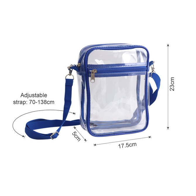 A clear tote bag with a blue zipper closure and adjustable strap, measuring 17.5 cm by 23 cm. A clear tote bag with a blue zipper closure and adjustable strap, measuring 17.5 cm by 23 cm.