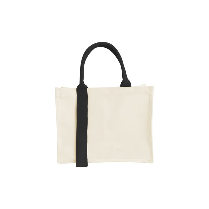 A cream horizontal canvas tote bag with black handles and a logo on one side. A cream horizontal canvas tote bag with black handles and a logo on one side.