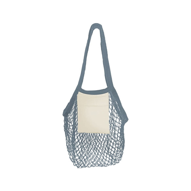 A mesh foldaway cotton tote bag in navy with a cream pocket, featuring a logo on the side. A mesh foldaway cotton tote bag in navy with a cream pocket, featuring a logo on the side.