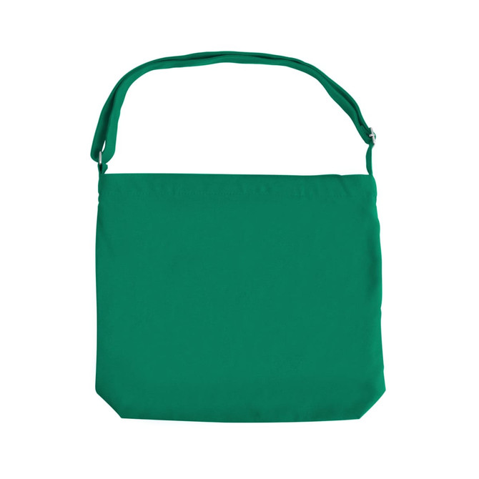 A green canvas tote bag with a long strap and a simple design. It features a logo on the front. A green canvas tote bag with a long strap and a simple design. It features a logo on the front.