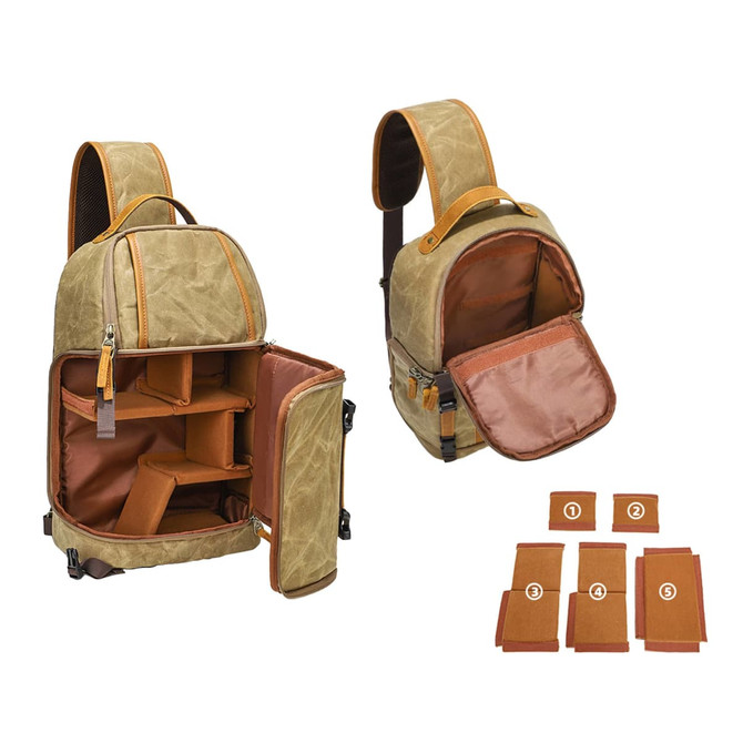 A waxed canvas camera sling bag in olive green with brown accents, featuring adjustable compartments and a branded logo.