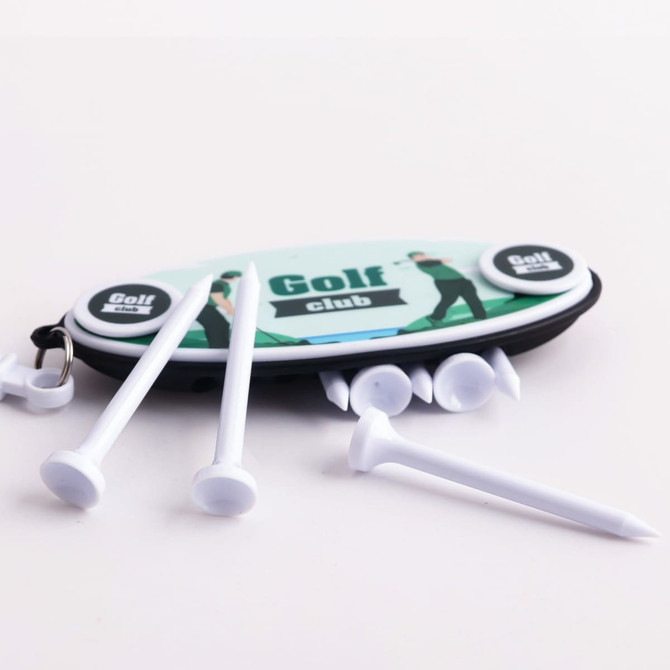 A Golf Tee Set featuring multiple white tees and a pouch with a logo, set on a light background.