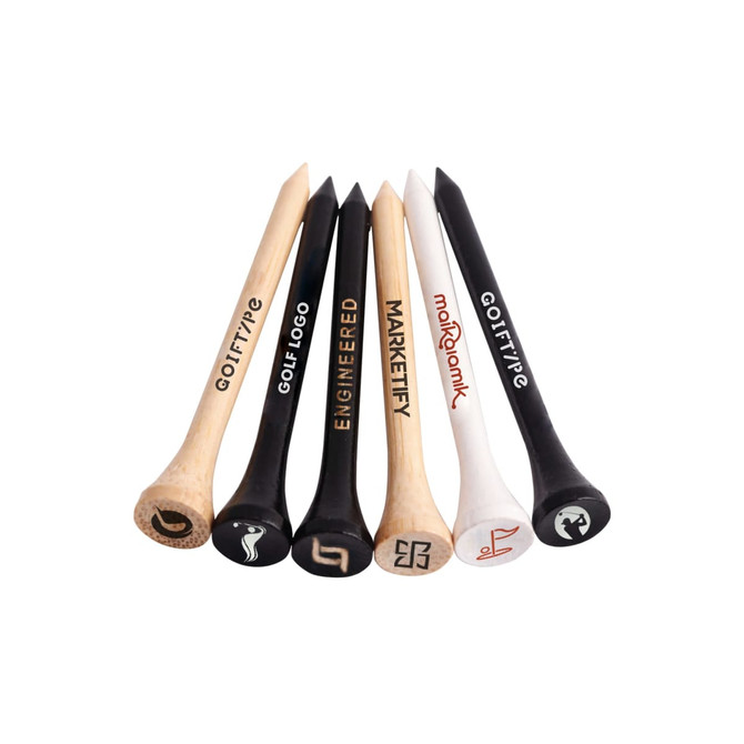 A selection of bamboo golf tees in black and natural wood, featuring various logos and designs.