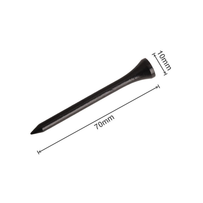 A bamboo golf tee in black, measuring 70mm in length and 10mm in width, featuring a logo.