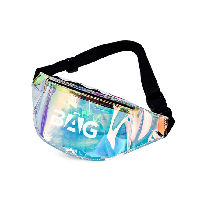 A reflective, iridescent bum bag with a black strap and a zippered compartment, featuring a logo on the front.