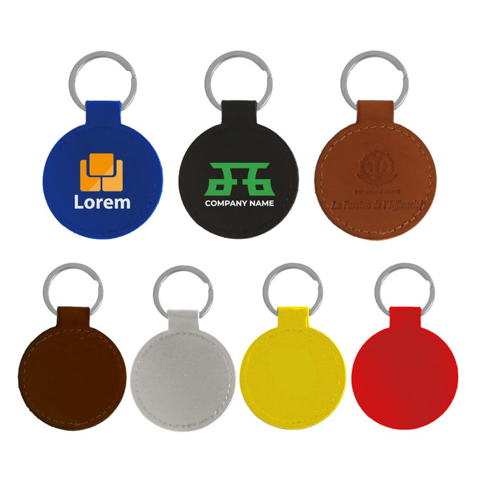 A set of classic PU leather keyrings in blue, black, brown, grey, yellow, and red, each with a logo or branding.