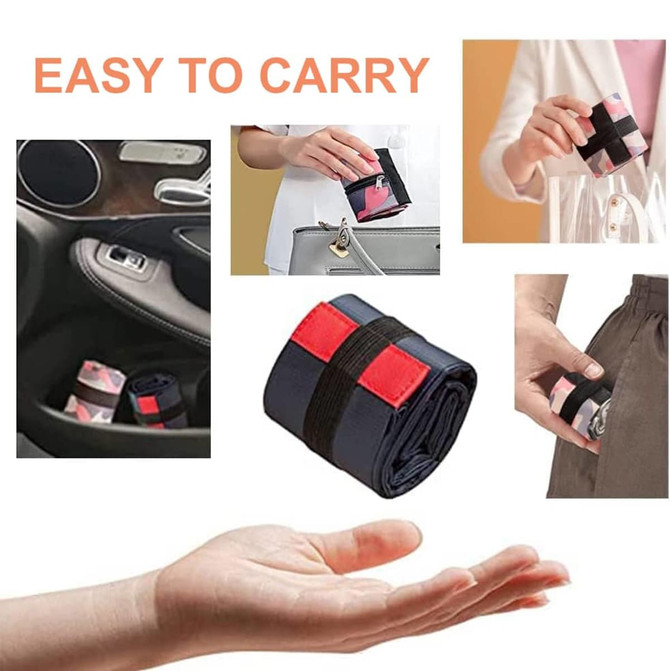 A foldable shopping shoulder bag in navy and red, compactly rolled and easily held in a hand. It includes a branding logo.