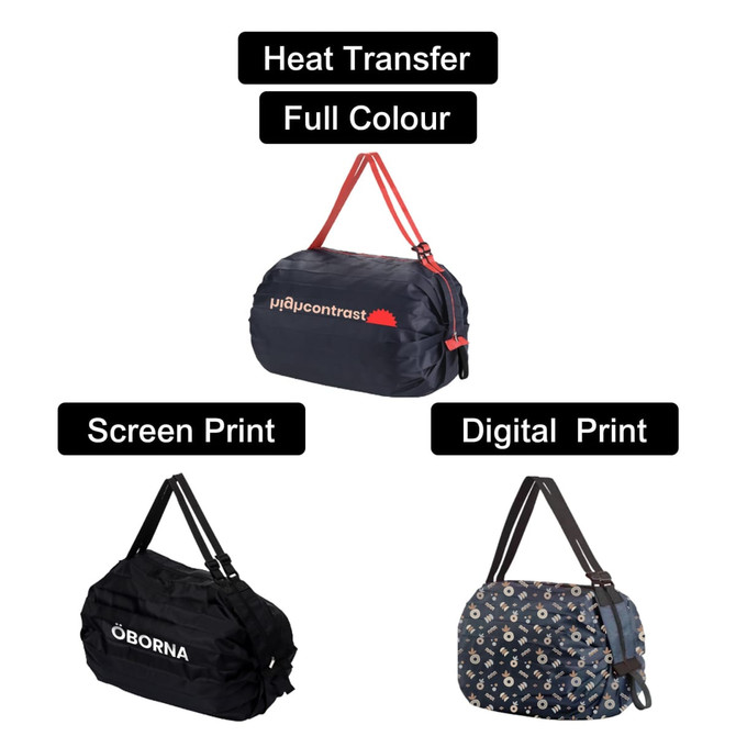 A collection of foldable shopping shoulder bags in various designs, including a floral print and solid black with red accents.