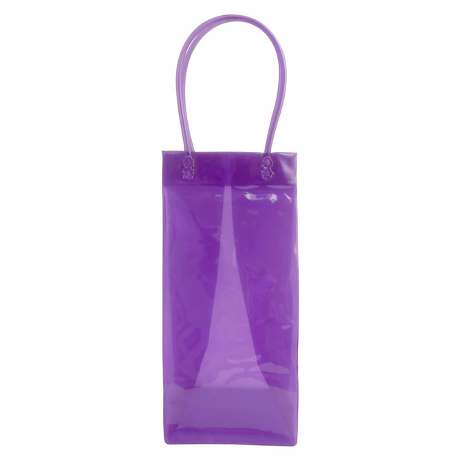 A transparent purple PVC wine tote bag with a handle and a sleek design, featuring a subtle logo. A transparent purple PVC wine tote bag with a handle and a sleek design, featuring a subtle logo.