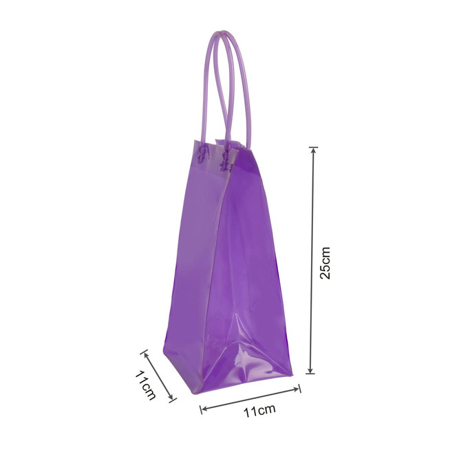 A purple PVC clear tote bag with two handles and a rectangular base, measuring 25cm in height and 11cm in width. A purple PVC clear tote bag with two handles and a rectangular base, measuring 25cm in height and 11cm in width.