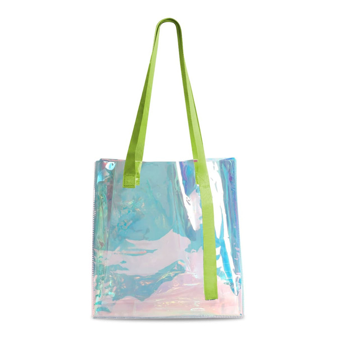 A PVC waterproof tote bag with a transparent and iridescent finish, featuring bright green straps.