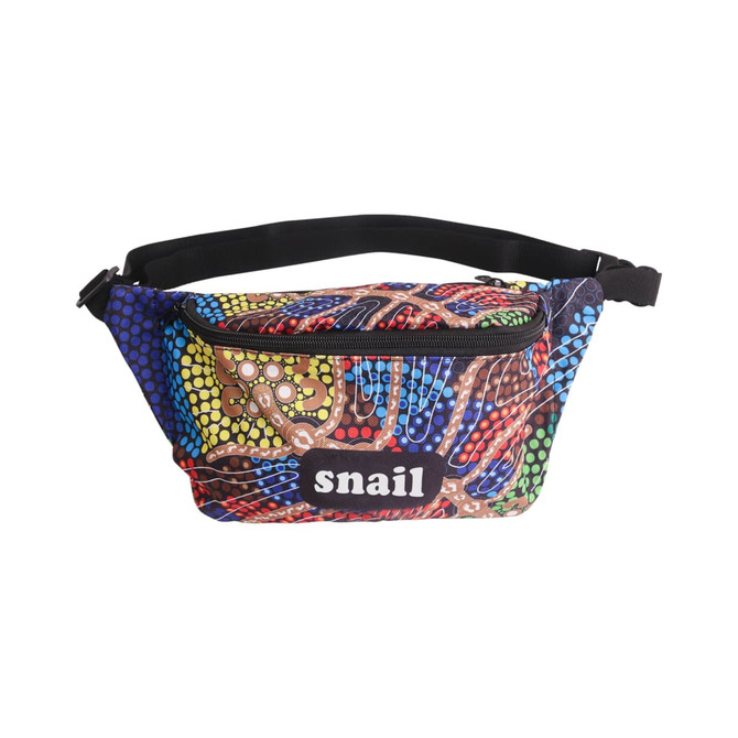 A colourful sublimation bum bag featuring intricate patterns and a black adjustable strap with a logo. A colourful sublimation bum bag featuring intricate patterns and a black adjustable strap with a logo.