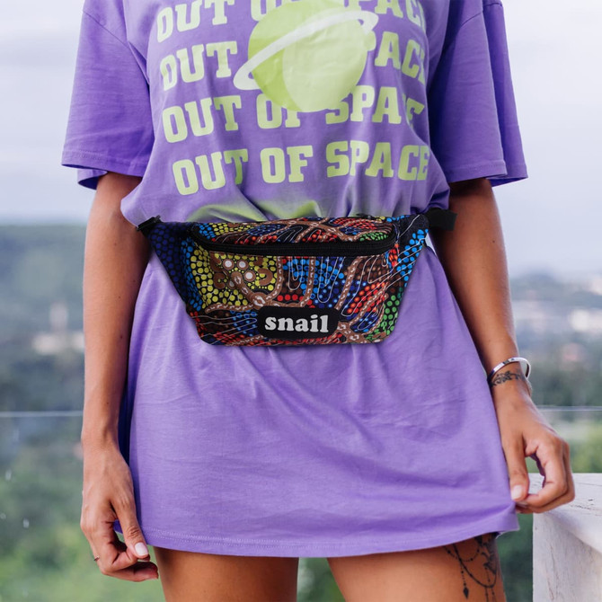 A colourful sublimation bum bag featuring a mix of vibrant patterns, worn around the waist of a person in a purple shirt. A colourful sublimation bum bag featuring a mix of vibrant patterns, worn around the waist of a person in a purple shirt.