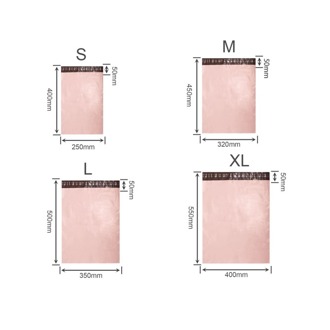 A set of self-sealing plastic mailing bags in various sizes: S, M, L, and XL, all in a pink hue. Each bag features measurements. A set of self-sealing plastic mailing bags in various sizes: S, M, L, and XL, all in a pink hue. Each bag features measurements.