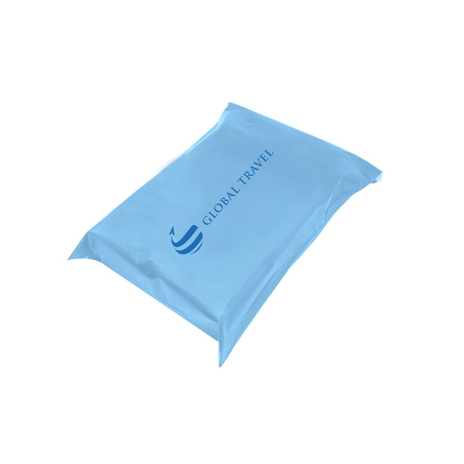 A light blue self-sealing plastic mailing bag with a logo printed on the front. A light blue self-sealing plastic mailing bag with a logo printed on the front.