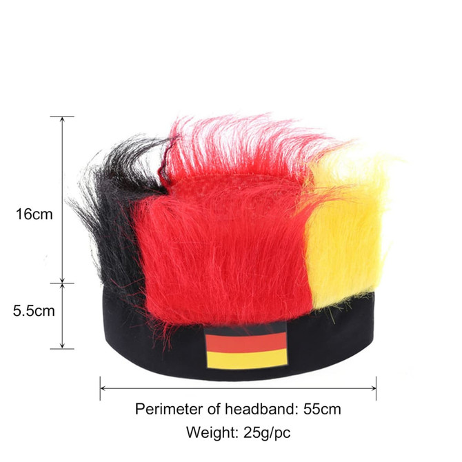 A headband wig featuring bold red, black, and yellow hair, with a branded black base. Dimensions and weight are included.