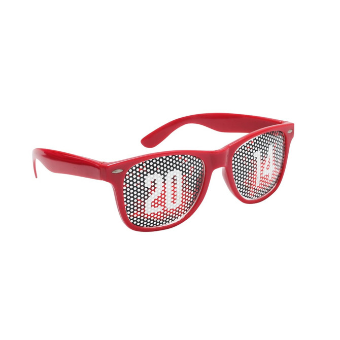 Red sunglasses featuring a unique pinhole design with numbers 20 and 14, and a logo on the arm.