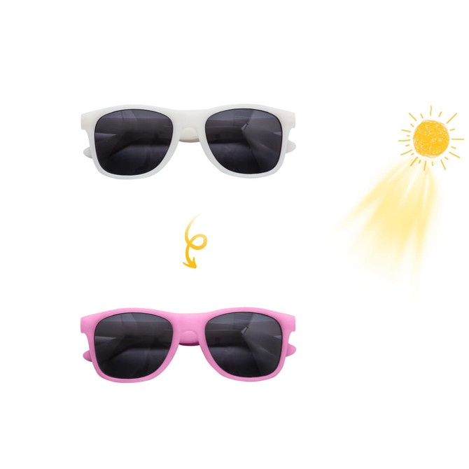 Colour changing sunglasses in white and pink, featuring dark lenses and a logo on the side.