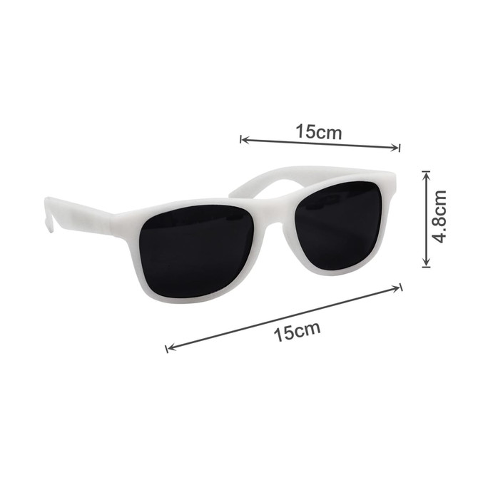 White colour changing sunglasses with black lenses, measuring 15cm in width and 4.8cm in height.