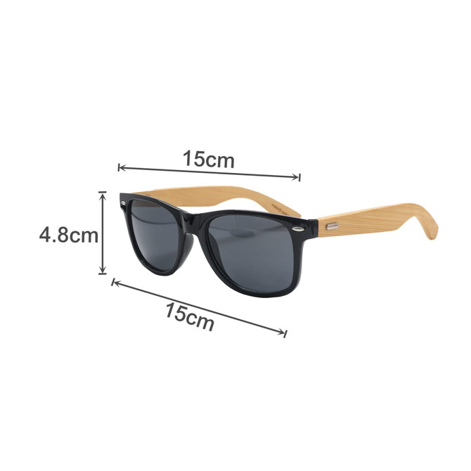 Bamboo sunglasses featuring black frames and bamboo arms, measuring 15cm in width and 4.8cm in height.