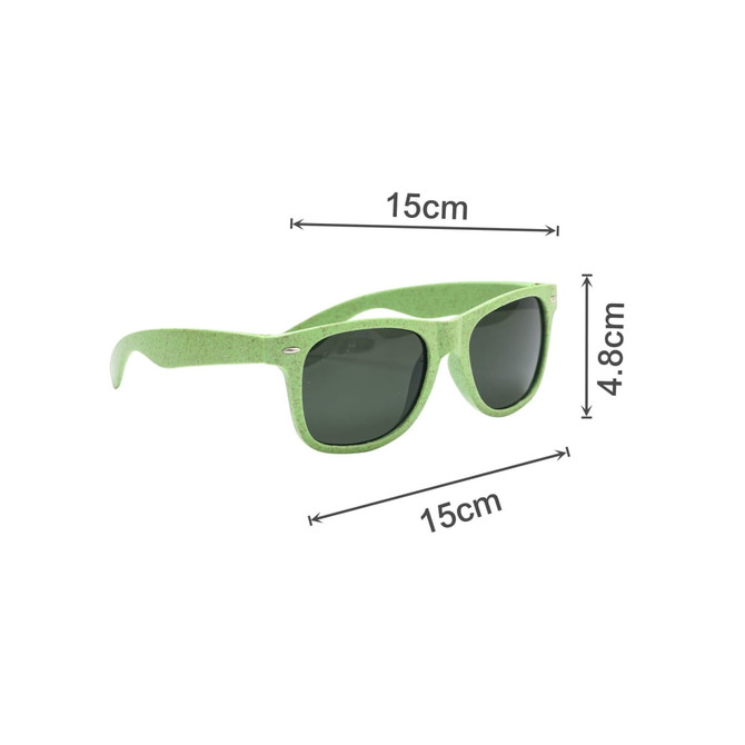 Green Wheat Straw Sunglasses with dark lenses, measuring 15cm in width and 4.8cm in height. Features a logo.