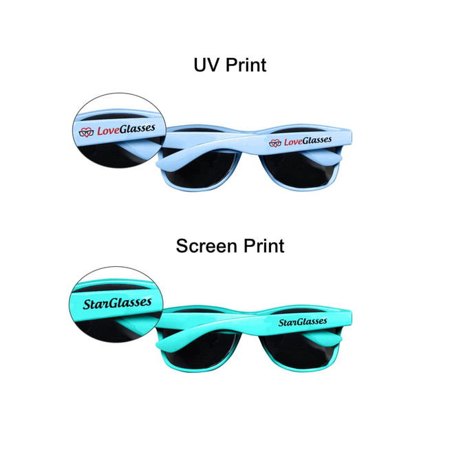 A pair of sunglasses in light blue and teal, featuring different printed branding on each side.