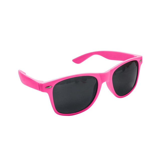 A pair of pink sunglasses with dark lenses and a sleek design, featuring a logo on the side.