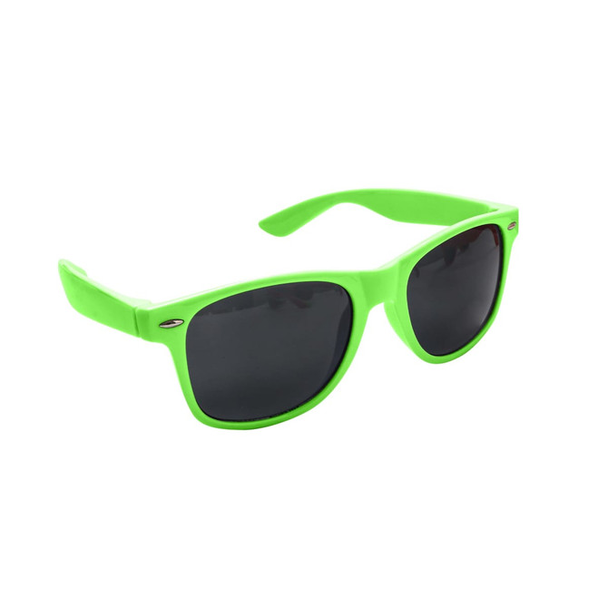 Bright green classic sunglasses with dark lenses, featuring a logo on the side.