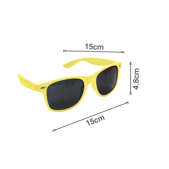 A pair of yellow classic sunglasses with dark lenses, featuring a logo on the side. Dimensions are 15cm x 4.8cm.