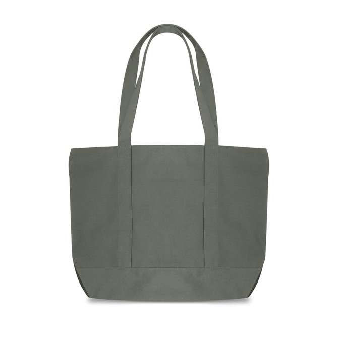 A canvas zippered tote shoulder bag in a muted green colour with long shoulder straps and a simple design.
