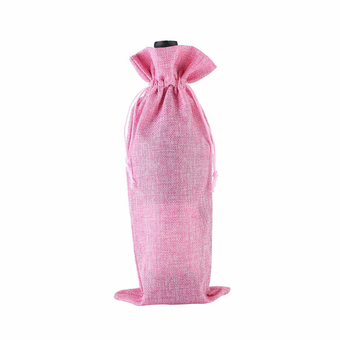 A pink drawstring bag designed for holding a wine bottle, featuring a simple logo on the surface. A pink drawstring bag designed for holding a wine bottle, featuring a simple logo on the surface.