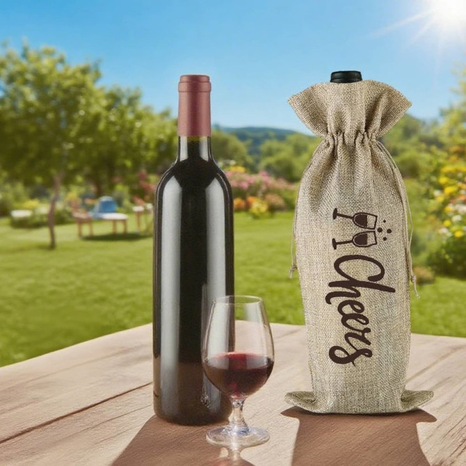 A wine drawstring bag in natural fabric beside a red wine bottle and a glass of wine outdoors in a garden setting. A wine drawstring bag in natural fabric beside a red wine bottle and a glass of wine outdoors in a garden setting.