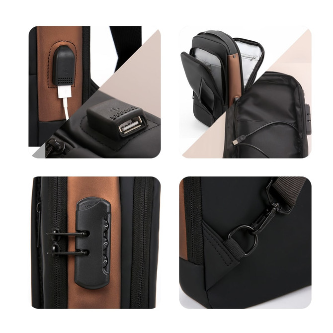 A black and brown anti-theft sling bag featuring a USB port, lock mechanism, and various compartments.