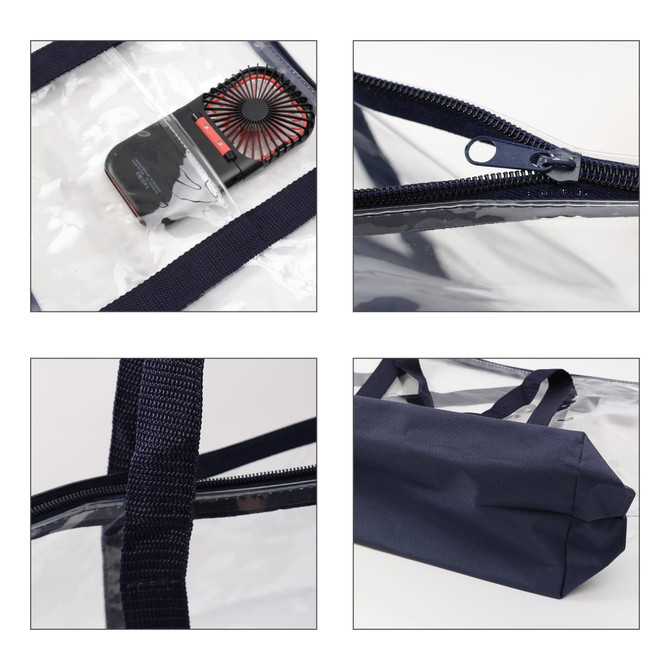 A clear zippered tote bag with dark blue handles, containing a small fan and a section view of its base. A clear zippered tote bag with dark blue handles, containing a small fan and a section view of its base.