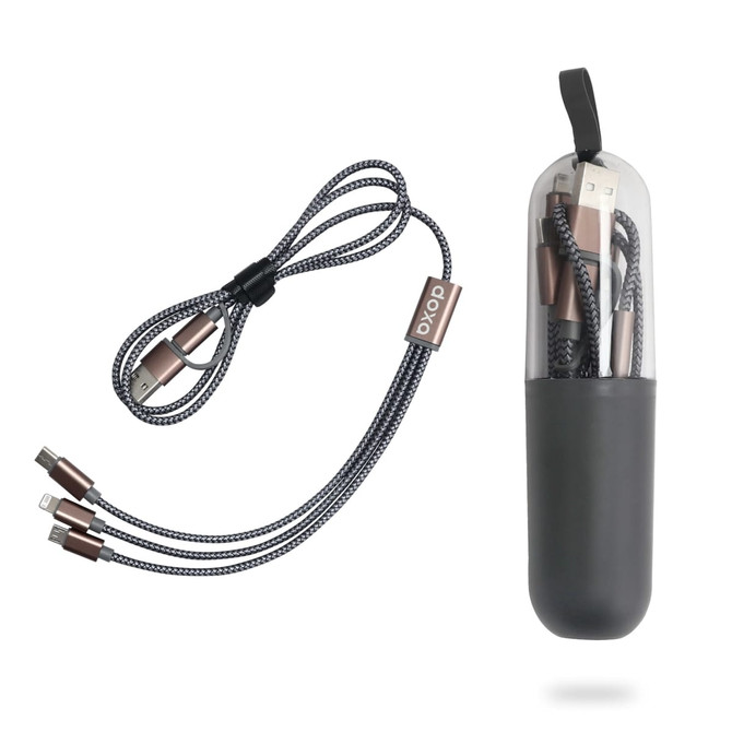 A black capsule storage case with a grey braided charging cable featuring multiple connectors inside.