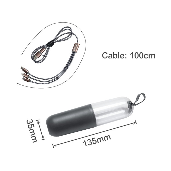 A clear capsule storage case with a black bottom and a 100cm braided charging cable inside.