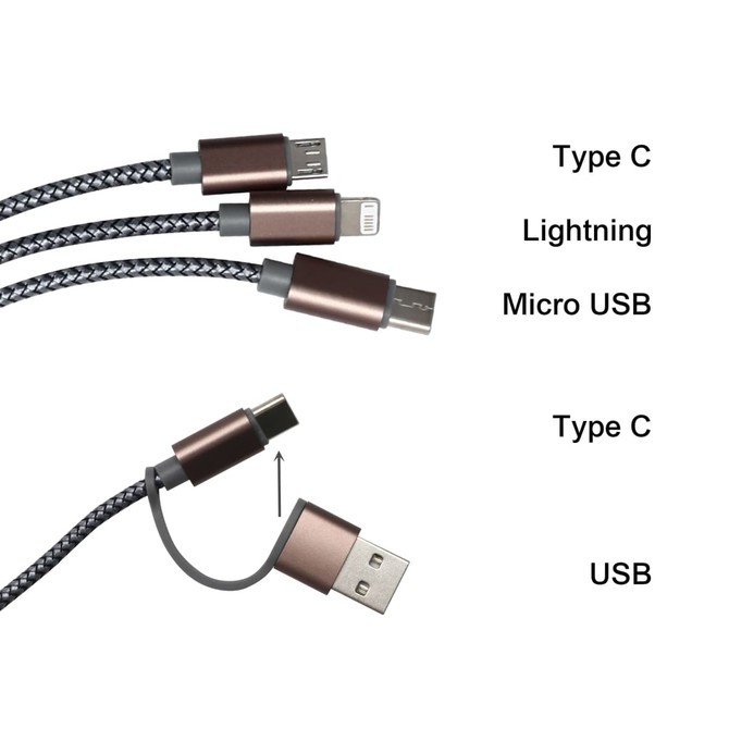 A braided charging cable in black and bronze, featuring Type C, Lightning, and Micro USB connectors.