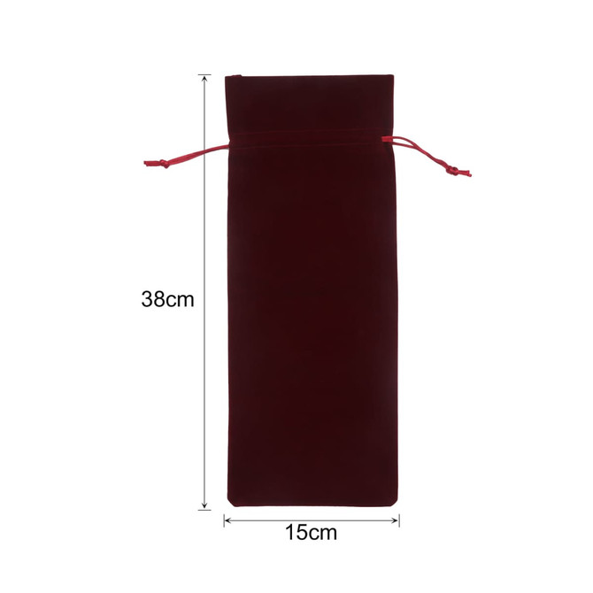 A drink bottle bag in burgundy flannel with a drawstring closure, featuring a logo. Dimensions: 38cm x 15cm. A drink bottle bag in burgundy flannel with a drawstring closure, featuring a logo. Dimensions: 38cm x 15cm.