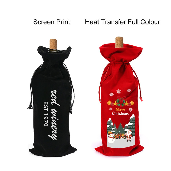 A drink bottle bag in black flannel on one side and red flannel with a festive design on the other. Both feature drawstrings. A drink bottle bag in black flannel on one side and red flannel with a festive design on the other. Both feature drawstrings.