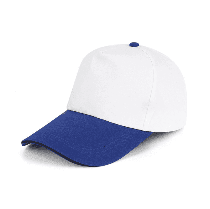 A cap featuring a white crown and a blue peak, with a central blue button on top and a logo on the side.