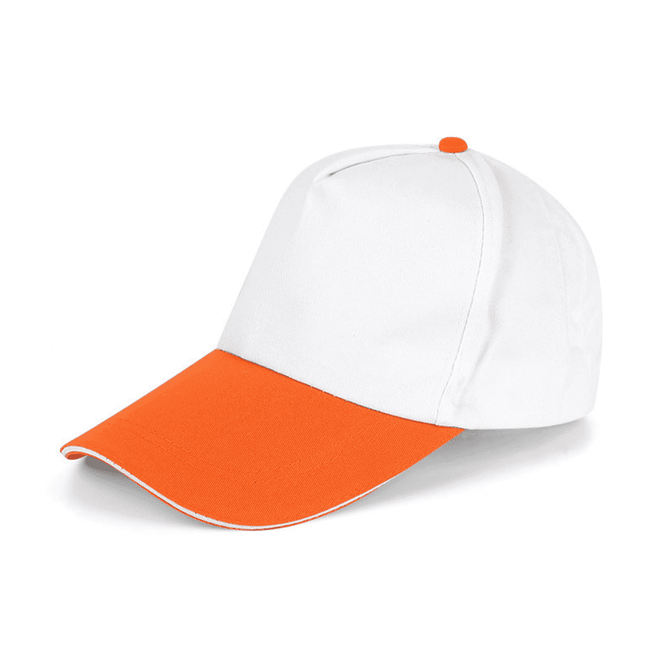 A white cap with an orange bill and accent, featuring a logo on the side.