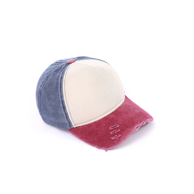 A distressed cotton baseball cap featuring a blue and cream crown with a burgundy brim and frayed detailing.