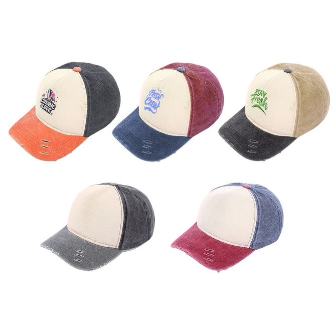 A collection of five distressed cotton baseball caps in various colours, each with a unique logo.