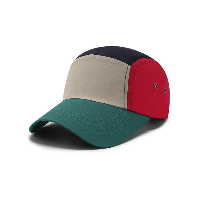 A lightweight 5 panel flat bill cap featuring red, navy, beige, and green panels with a logo.