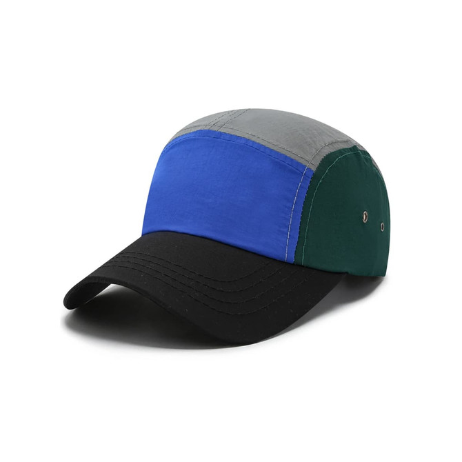A multi-coloured lightweight 5 panel flat bill cap with grey, blue, green, and black sections and a logo.
